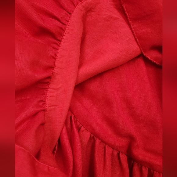 ETOPHE STUDIOS RED ORANGE FAUX WRAP SHOR FRILLS WAIST TIE DRESS LARGE - Picture 6 of 13